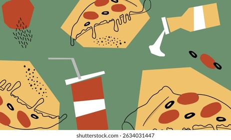 Gooey pizza slices, ketchup bottles, and drinks on green. Great for snack food branding, fun menu design, and pizza-themed projects.