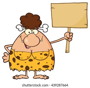 Goofy Brunette Cave Woman Cartoon Mascot Character Holding A Wooden Board. Vector Illustration Isolated On White Background