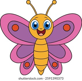 A goofy cartoon butterfly with big, wobbly eyes, a wide toothy grin, and tiny wings that seem too small to fly. It flutters clumsily, leaving a trail of giggles!