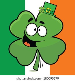 Goofy cartoon shamrock against an Irish flag backdrop. 