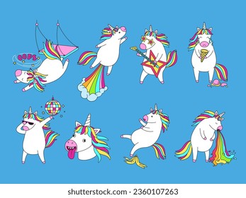 Goofy cartoon unicorns. Funny dumb magic unicorn face, failure fall and rainbow launch. Dabbing dance, fabulous rock star and crying horse vector illustration set. Fantasy animal, dream character svg
