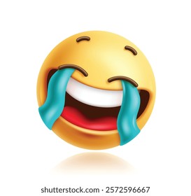 Goofy emoji 3d clipart character. Emoji face in laughing, tears of joy, crazy, silly, naughty, fun, joking and funny facial expression yellow graphic element. Vector illustration goofy emoticon 