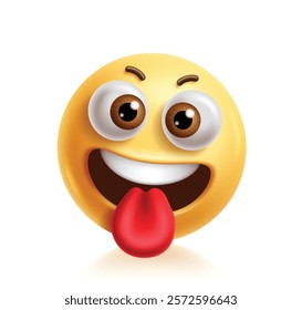 Goofy emoji clipart 3d character. Silly emoji character in naughty, crazy, fun, happy, joking, humor and funny facial expression yellow graphic element. Vector illustration goofy emoticon clip art.   