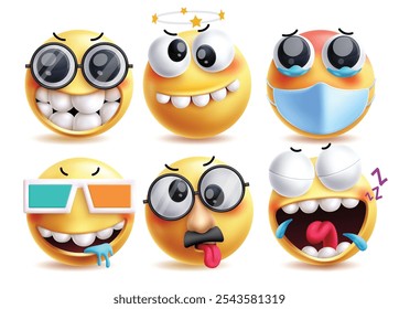 Conjunto de personajes de Vector de emoji Goofy. Emojis 3d carácter amarillo como gracioso, nerd, mareado, enfermo, babeando, cansado y riendo expresiones faciales de arte de Clip. Ilustración vectorial goofy icono conjunto de colección.
