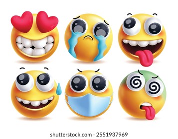 Conjunto de personajes de Vector de emoji Goofy. Emojis en amor, sollozo, tonto, alivio, gripe y mareo Clip arte expresiones faciales Elementos de iconos amarillos. Ilustración vectorial goofy emoji colección.
