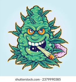 Goofy green monster weed bud smoking cannabis vector illustrations for your work logo, merchandise t-shirt, stickers and label designs, poster, greeting cards advertising business company or brands