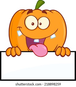 Goofy Halloween Pumpkin Cartoon Mascot Character Over A Blank Sign