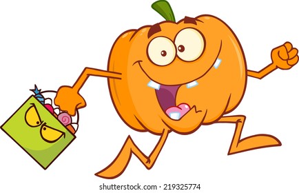 Goofy Halloween Pumpkin Cartoon Mascot Character Running With Bag Of Candy