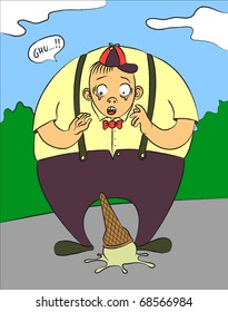 Goofy kid cries over dropped ice cream. A clumsy kid drop his ice cream before he could give the first lick. poor boy!