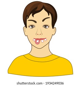 goofy man with crooked teeth, differently sized eyes, stupid look, sticking out tongue and silly dumb face, simplistic facial expression vector illustration