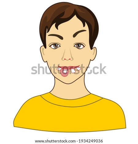goofy man with crooked teeth, differently sized eyes, stupid look, sticking out tongue and silly dumb face, simplistic facial expression vector illustration