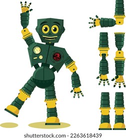 Goofy mechanical humanoid robot smilling with modular joints