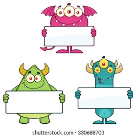 Goofy Monsters Cartoon Character Holding A Blank Sign. Vector Collection Set