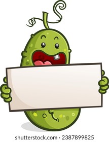 Goofy pickle baby cartoon character holding a big blanks sign ready to advertise any message to a huge audience and looking super happy doing it