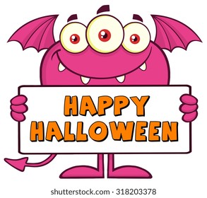 Goofy Pink Monster Cartoon Character Holding A Sign With Text. Vector Illustration Isolated On White