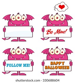 Goofy Pink Monster Cartoon Character Holding A Sign. Vector Collection Set