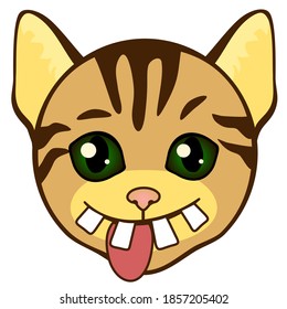 goofy smiling cat with crooked teeth, differently sized eyes, stupid look, sticking out tongue and silly dumb face, simplistic facial expression vector illustration