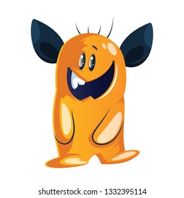 Goofy-looking  yellow cartoon monster with big  black ears white background vector illustration.