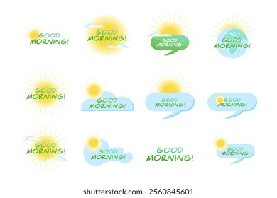 Goog morning positive quote vector illustration, set. Vector illustration. Isolated on transparent background. Clipart, decorative element. 