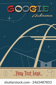 Googie Architecture Poster. 1950s Background, Mid Century Modern Style Illustration, 50s Template for Retro Party, Event Poster, Atomic Age Style, Space Age Design, Abstract Shapes and 1950s Colors