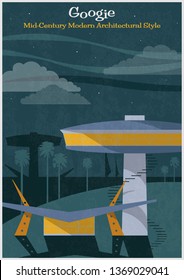 Googie Mid Century Modern Architectural Style Vintage Colors, Retro Futurism Poster 