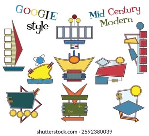 Googie Style Emblems, Labels, Badges, Sings. Mid Century Modern Signboards, 1950s Atomic Age Shapes and Colors Advertising Signboard Set 