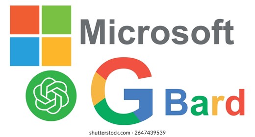 Google Bard vs Microsoft OpenAI chatbot logos comparison showing corporate logos with technology icons, artificial intelligence branding icon