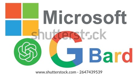 Google Bard vs Microsoft OpenAI chatbot logos comparison showing corporate logos with technology icons, artificial intelligence branding icon