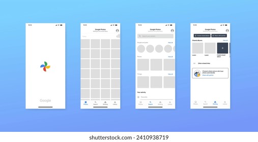 Google Photos interface template. Editorial mockup of Google Photos interface. Blue gradient background. Interface mockup template. Google Photos Page Mockup. Vector illustration