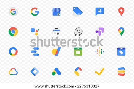 Google set icon. Chrome, google podcast, one drive, maps, pixel, search concsole, optimize, google ads, cloud, interactive media, manafactured centre, android, blog. Editorial