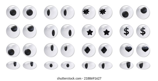 Googly eyes. Plastic eye, self adhesive funny toy doll moving eyeball and goofy fool look realistic 3D isolated vector set. Pair of eyeball with hearts, stars, rhombus and dollar signs for puppets