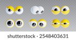Googly eyes set isolated on transparent background. Vector realistic illustration of comic character eyeballs with yellow eyelids, goofy mascot looking surprised, crazy, suspicious, scared, attentive