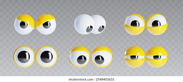 Googly eyes set isolated on transparent background. Vector realistic illustration of comic character eyeballs with yellow eyelids, goofy mascot looking surprised, crazy, suspicious, scared, attentive