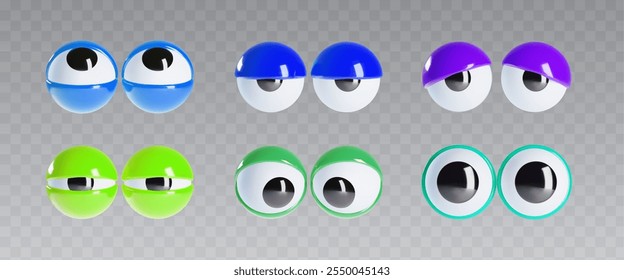 Olhos googly definidos isolados no fundo transparente. Ilustração realista vetorial de olhos de personagem cômico com pálpebras coloridas, mascote bonito olhando para cima, para baixo, surpreso, irritado, cansado, sonolento, assustado