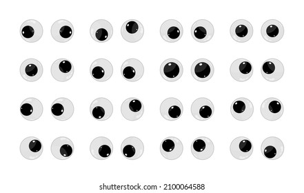 Googly eyes. Wobbly plastic eyes for toy. Puppet eyeballs. Cartoon glossy round eyes isolated on white background. Look down, up, left, right, crazy, silly, fun icons. Vector.