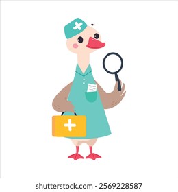 Goose Animal Work in Ambulance and Hospital Hold Magnifier Vector Illustration