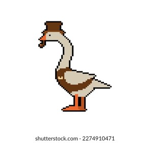 Goose aristocrat pixel art. 8 bit Goose in hat and with smoking pipe. pixelated Vector illustration