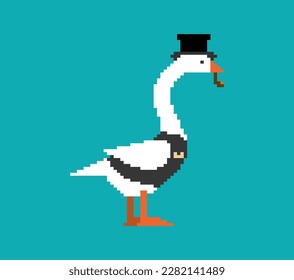 Goose aristocrat pixel art. 8 bit Goose in hat and with smoking pipe. pixelated Vector illustration