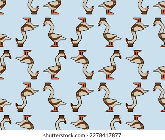 Goose aristocrat pixel art pattern seamless. 8 bit Goose in hat and with smoking pipe background. pixelated Vector texture