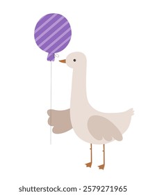 Ganso com balão. Aniversário ganso vetor mão desenhada ilustração. Ganso comemora feliz aniversário. Crianças, bebê, crianças ilustração de desenho animado