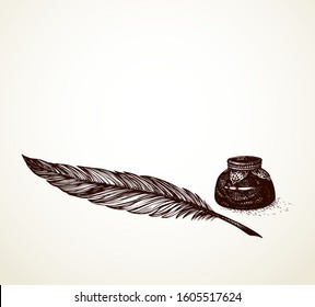 Goose big nib, glass inkpot jar still life on light backdrop space. Freehand outline  poet scribe swan handle text object picture image copyspace design sketchy in artistic aged scribble contour style