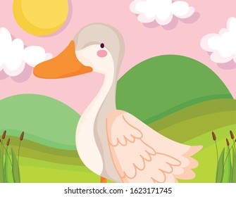 goose bird grass sun clouds farm animal cartoon vector illustration