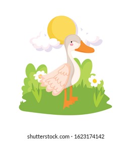 goose bird grass sun clouds farm animal cartoon vector illustration