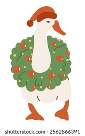 Goose bird in a red hat. Goose in a spruce wreath. Flat vector illustration, eps10