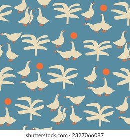 Goose birds seamless pattern in vector. Farms birds and animals illustration.