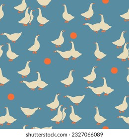 Goose birds seamless pattern in vector. Farms birds and animals illustration.