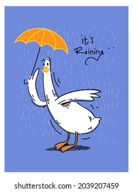 Goose bring umbrella in the rain cartoon isolated on blue background vector illustration.