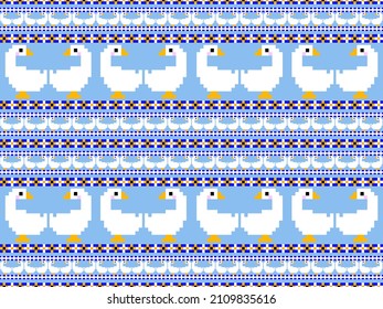 Goose cartoon character seamless pattern on blue background.Pixel style