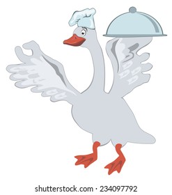 Goose in a chef's hat holds a pot on a white background