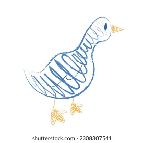 Goose childrens drawing. Adorable bird sketch. Creativity and art. Pencils or chalks sketch. Oranement or pattern with domestic animal. Linear flat vector illustration isolated on white background